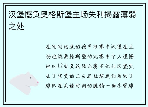 汉堡憾负奥格斯堡主场失利揭露薄弱之处