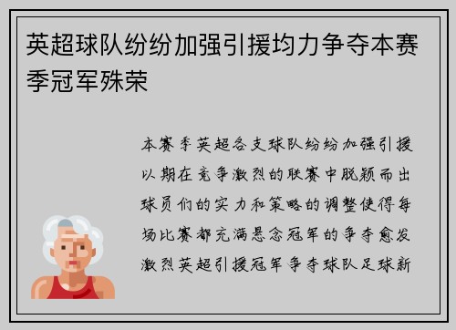 英超球队纷纷加强引援均力争夺本赛季冠军殊荣